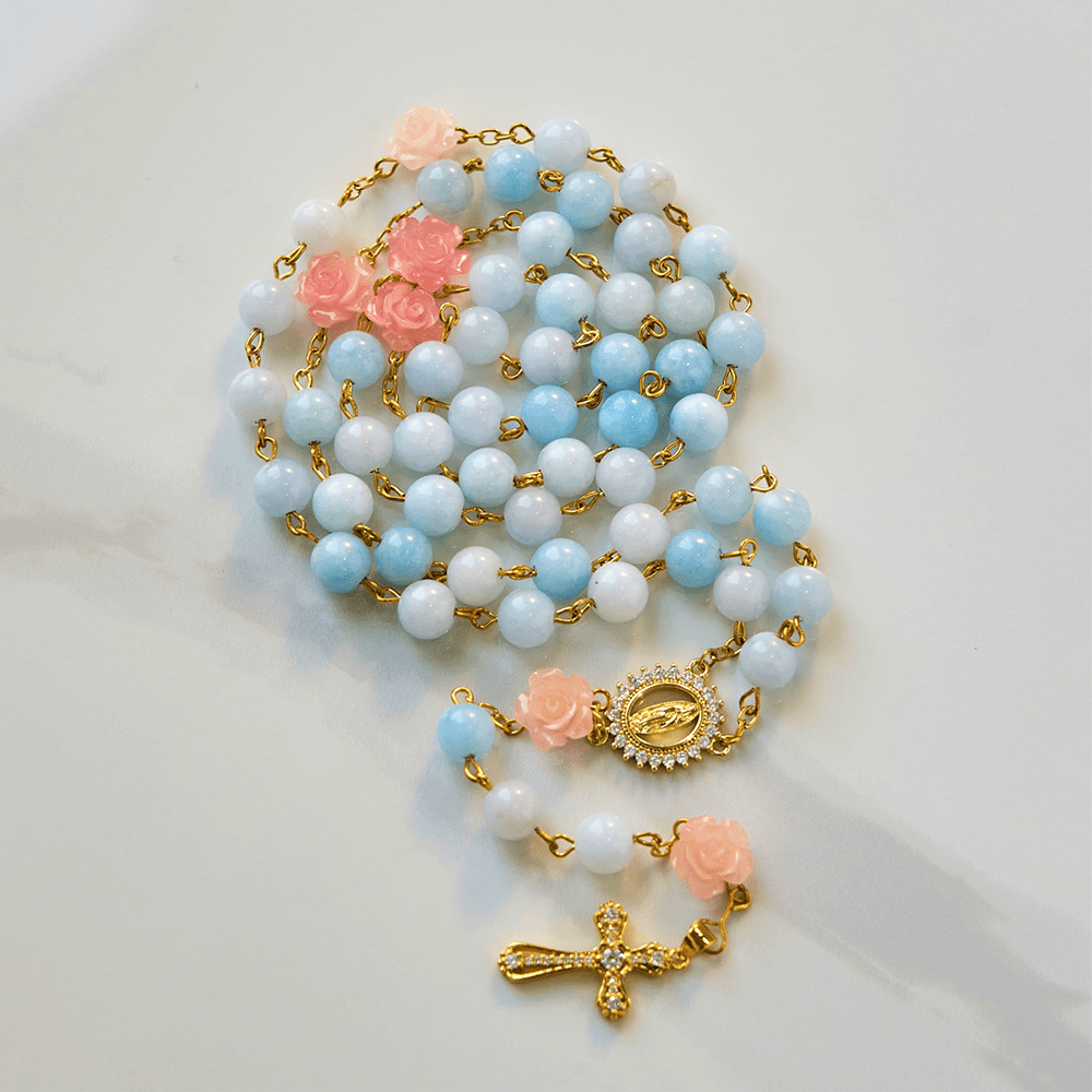 Christianartworkshop Our Lady of Guadalupe & Crucifix of 8mm Handmade Blue Aquamarine Chalcedony Beads Rosary - image 11