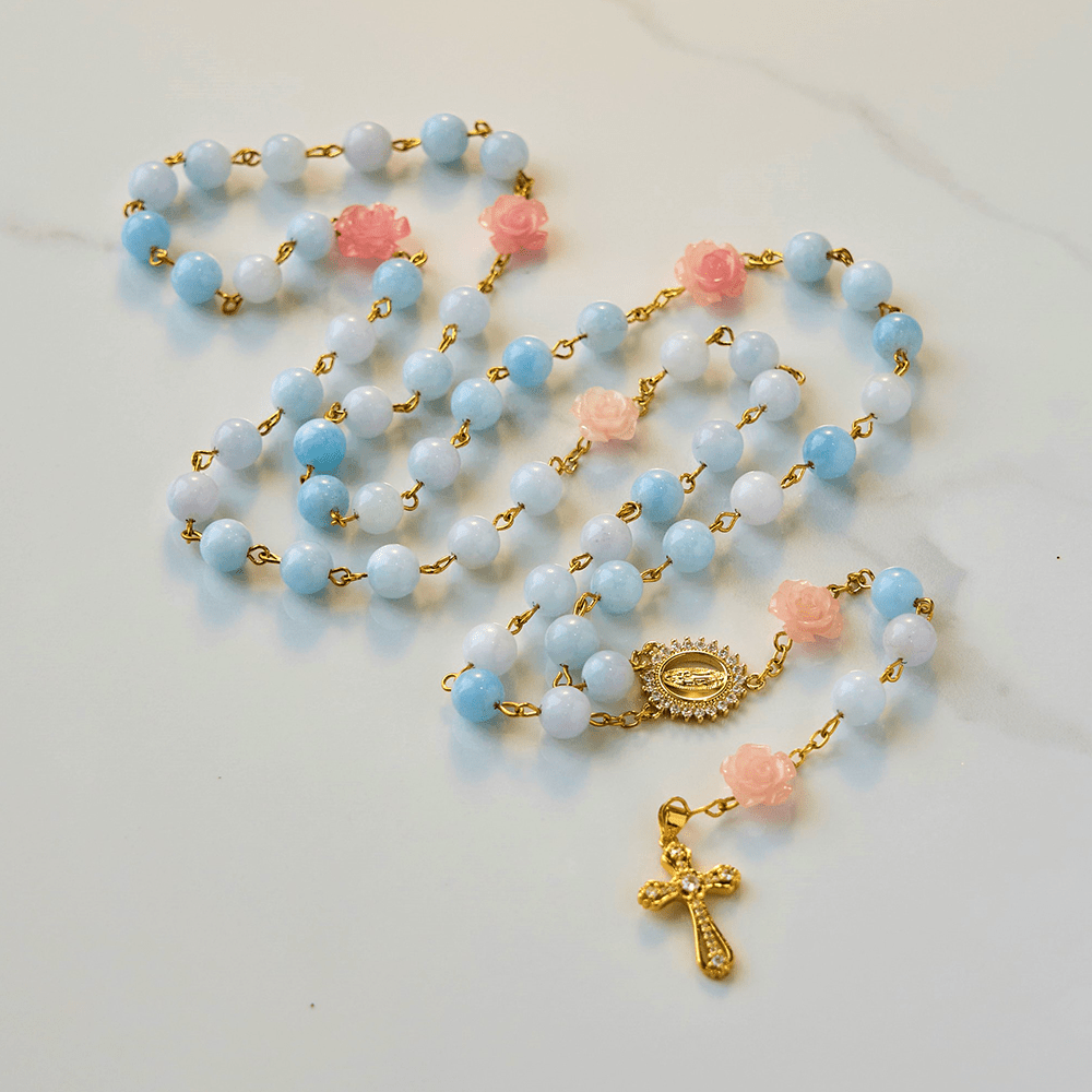 Christianartworkshop Our Lady of Guadalupe & Crucifix of 8mm Handmade Blue Aquamarine Chalcedony Beads Rosary - image 3