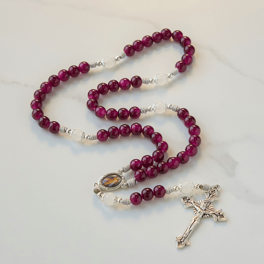 Christianartworkshop Divine Mercy & Crucifix of 8mm Garnet Chalcedony Rosary - Handmade Divine Beads - Garnet Chalcedony - image 0