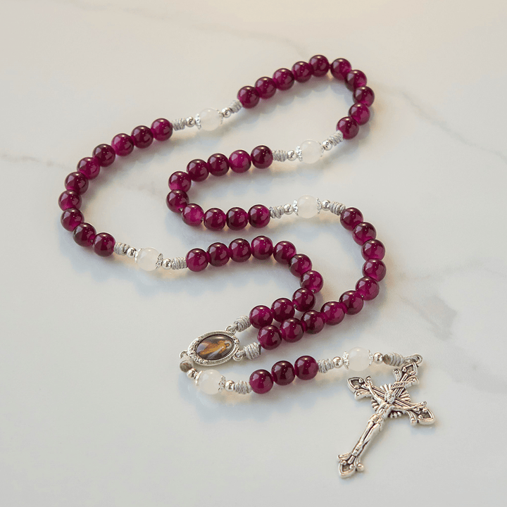 Christianartworkshop Divine Mercy & Crucifix of 8mm Garnet Chalcedony Rosary - Handmade Divine Beads - Garnet Chalcedony - image 0