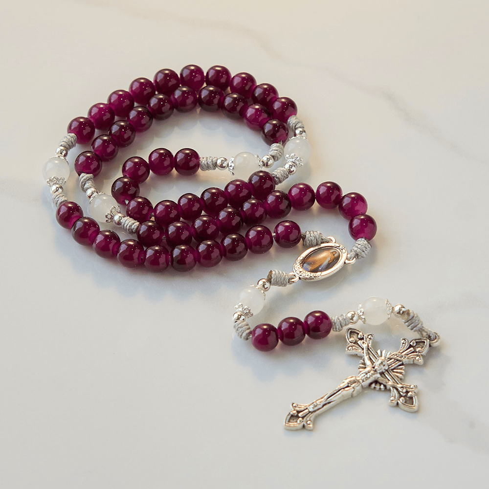 Christianartworkshop Divine Mercy & Crucifix of 8mm Garnet Chalcedony Rosary - Handmade Divine Beads - image 7