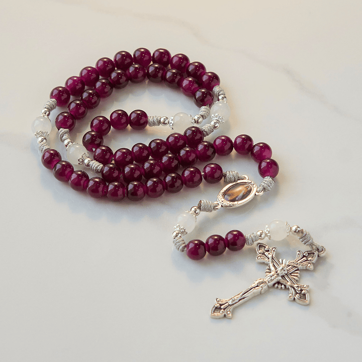Christianartworkshop Divine Mercy & Crucifix of 8mm Garnet Chalcedony Rosary - Handmade Divine Beads
