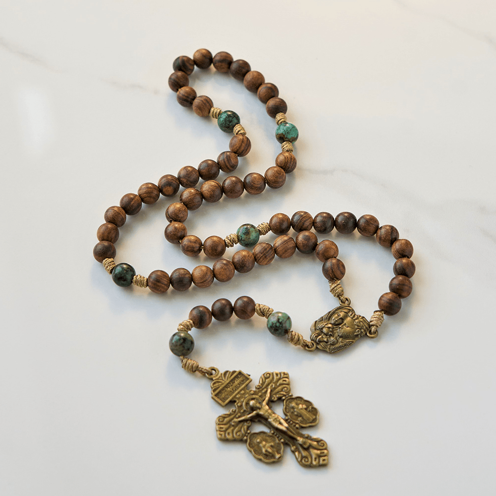 Christianartworkshop Holy Family & Crucifix of 8mm Handmade Pine Wood & African Turquoise Rosary - Pine Wood Beads - image 0