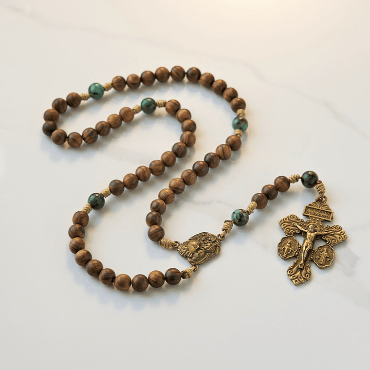 Christianartworkshop Holy Family & Crucifix of 8mm Handmade Pine Wood & African Turquoise Rosary - image 1