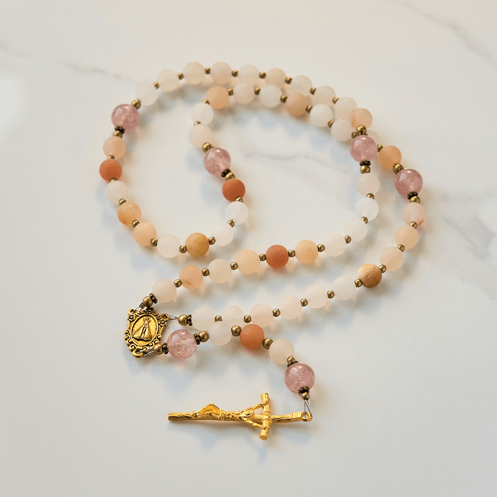 Christianartworkshop Our Lady & Crucifix of 8mm Handmade Pink Aventurine & Strawberry Quartz Rosary - Pink Aventurine - image 1