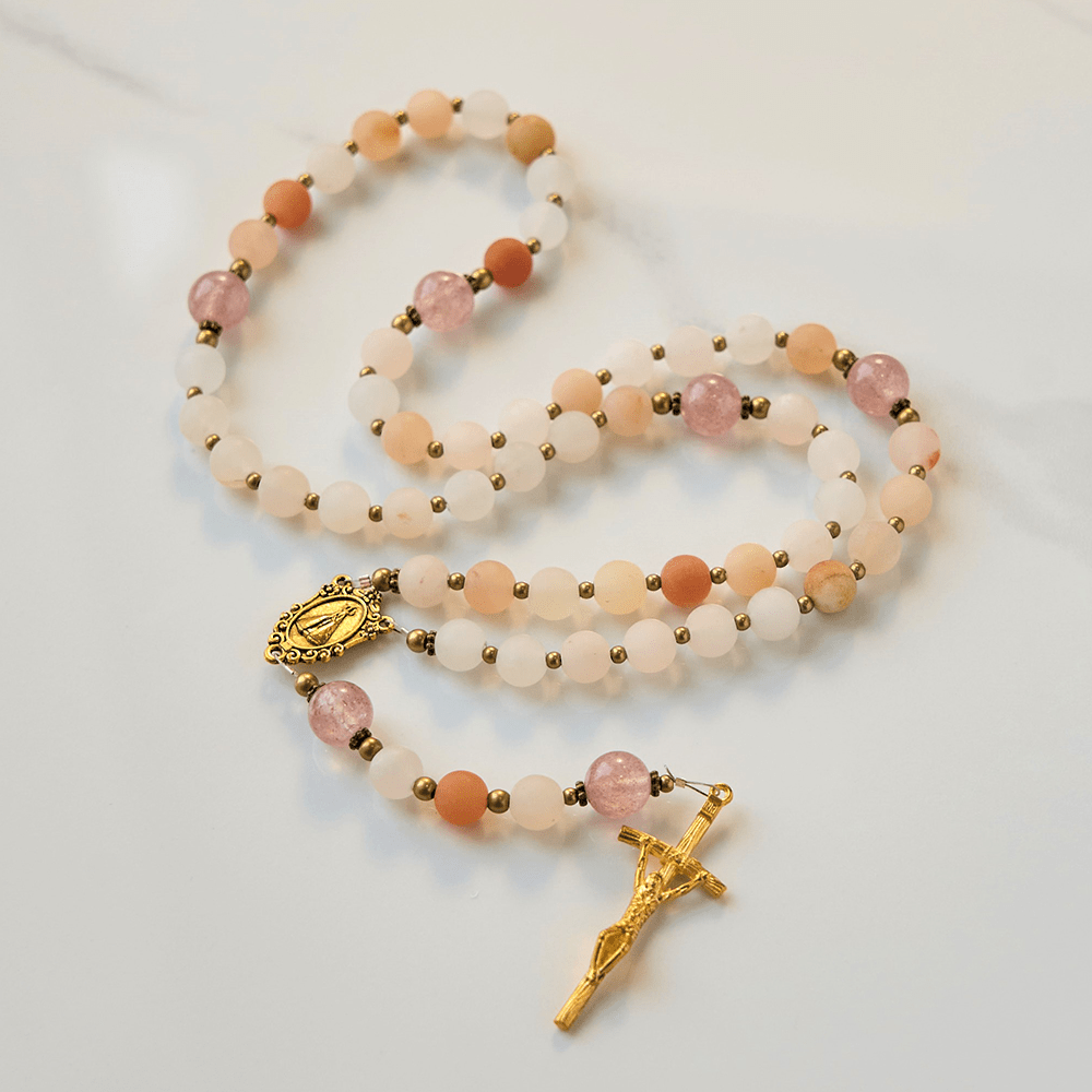 Christianartworkshop Our Lady & Crucifix of 8mm Handmade Pink Aventurine & Strawberry Quartz Rosary - image 2