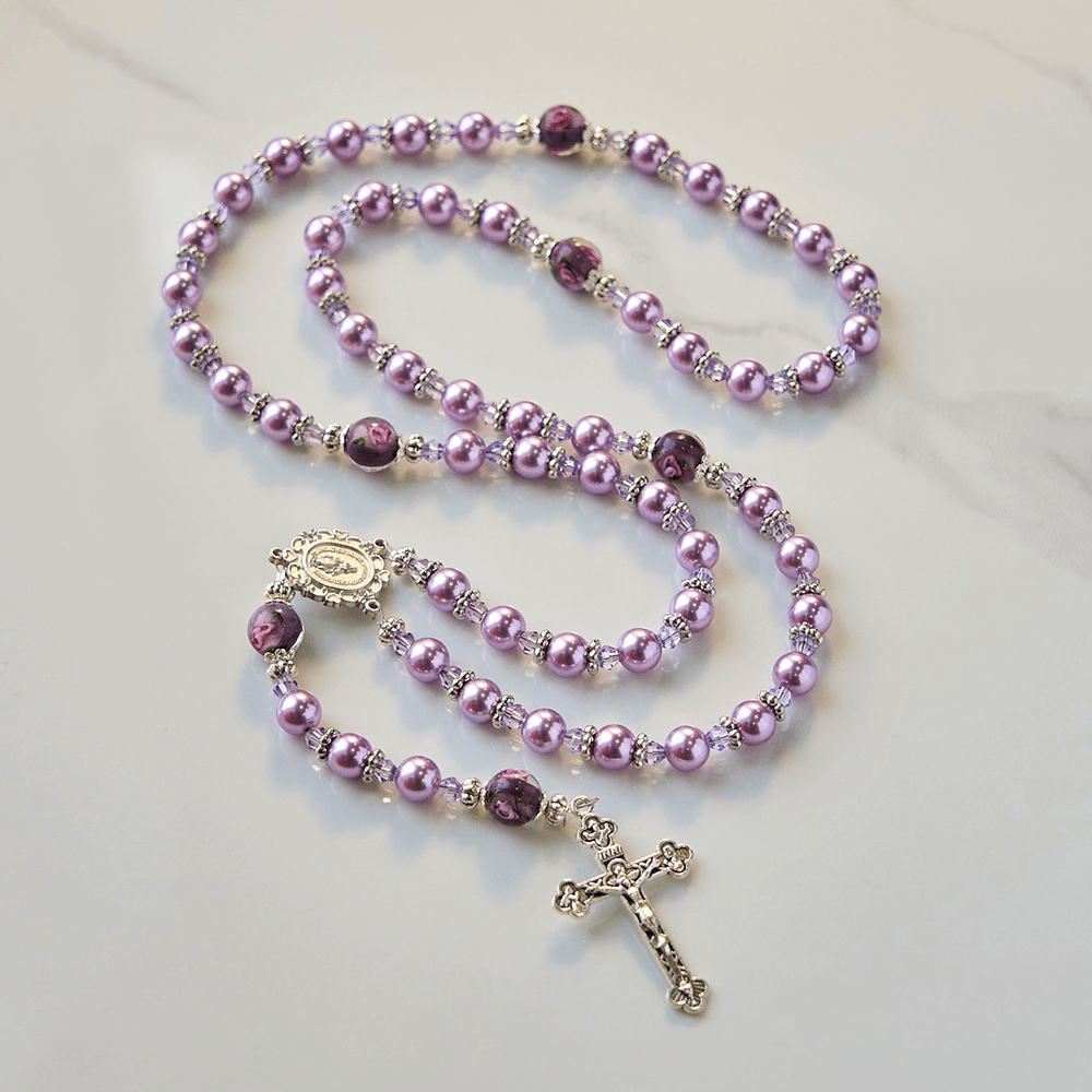 Christianartworkshop Miraculous Medal & Crucifix 8mm Purple Pearl & Crystal Handmade Rosary - Sacred Beads for Holy Prayer - Purple - image 0