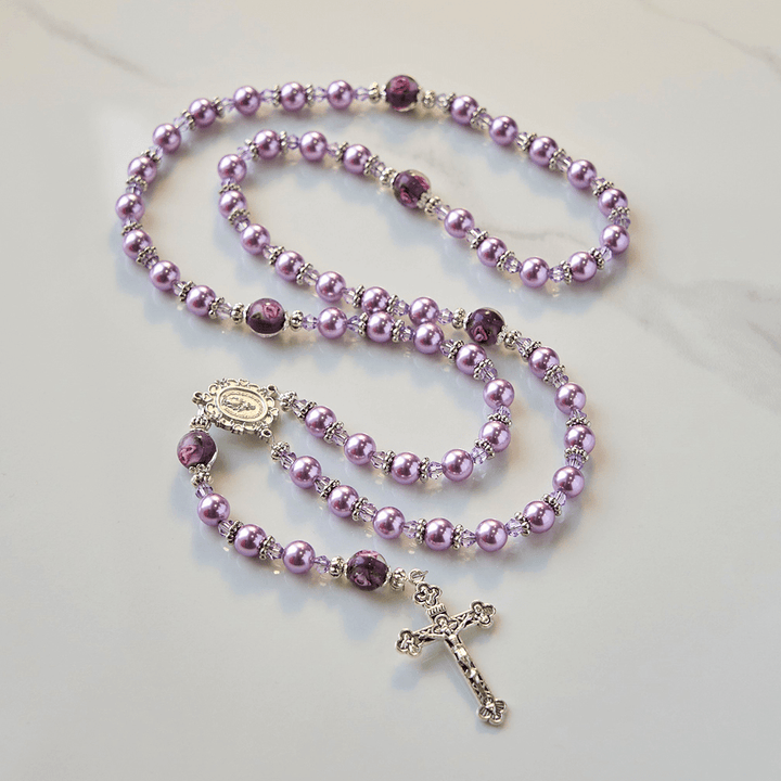 Christianartworkshop Miraculous Medal & Crucifix 8mm Purple Pearl & Crystal Handmade Rosary - Sacred Beads for Holy Prayer - Purple - image 0