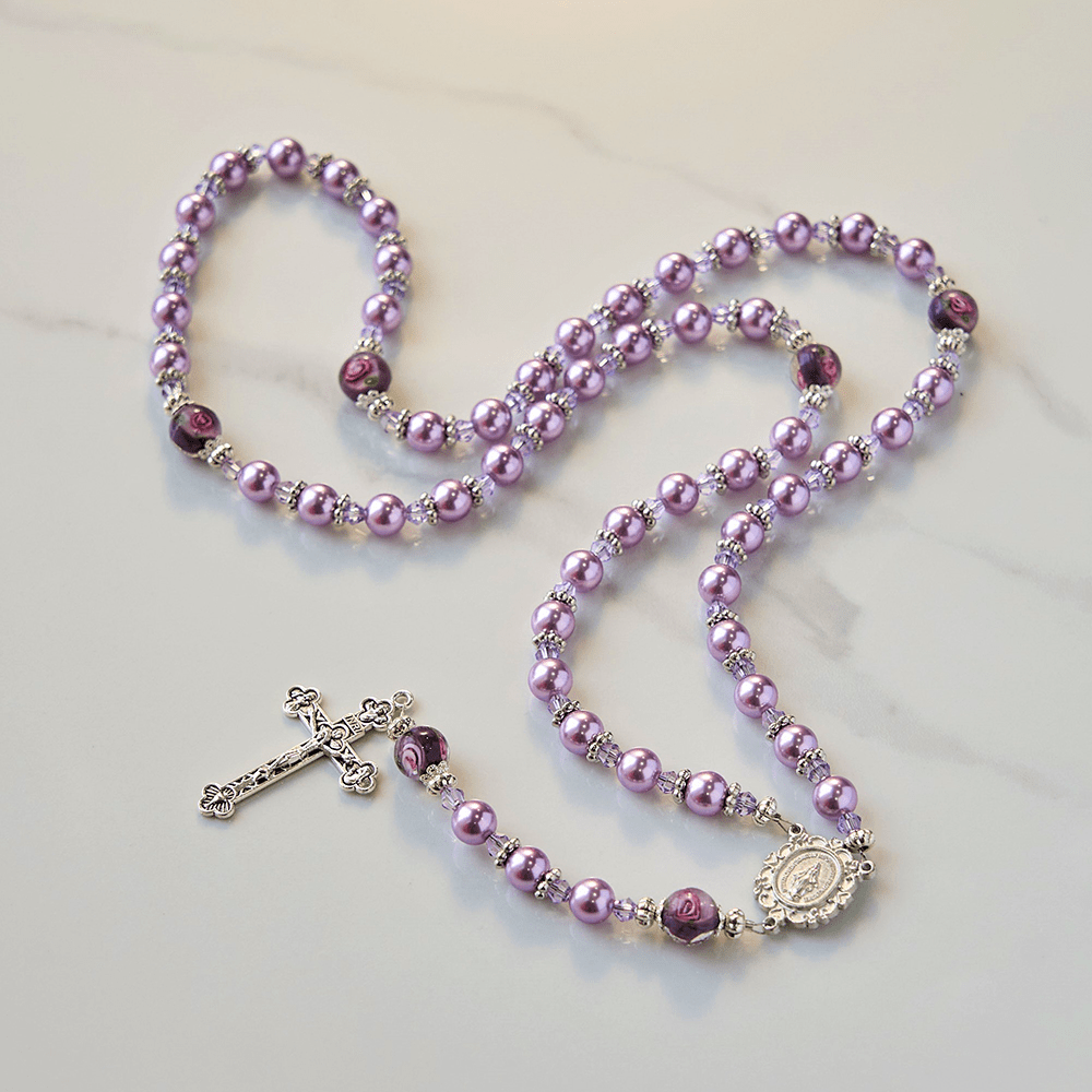 Christianartworkshop Miraculous Medal & Crucifix 8mm Purple Pearl & Crystal Handmade Rosary - Sacred Beads for Holy Prayer - image 1