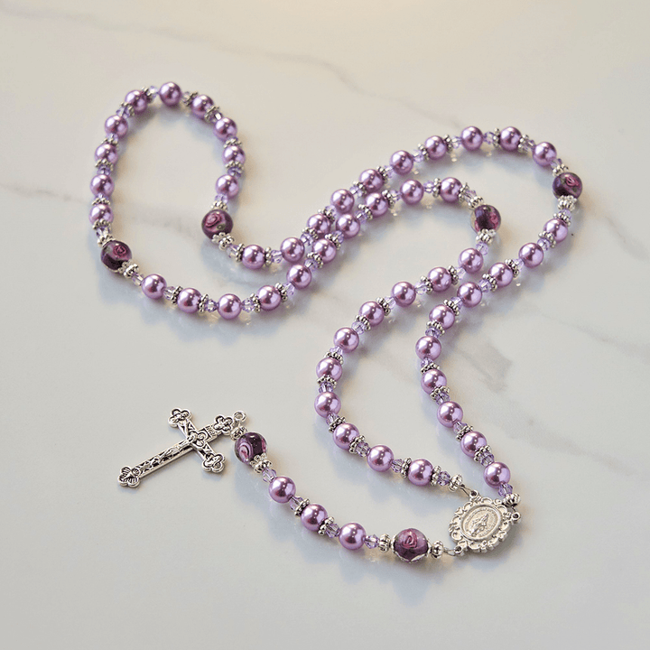 Christianartworkshop Miraculous Medal & Crucifix 8mm Purple Pearl & Crystal Handmade Rosary - Sacred Beads for Holy Prayer - image 1