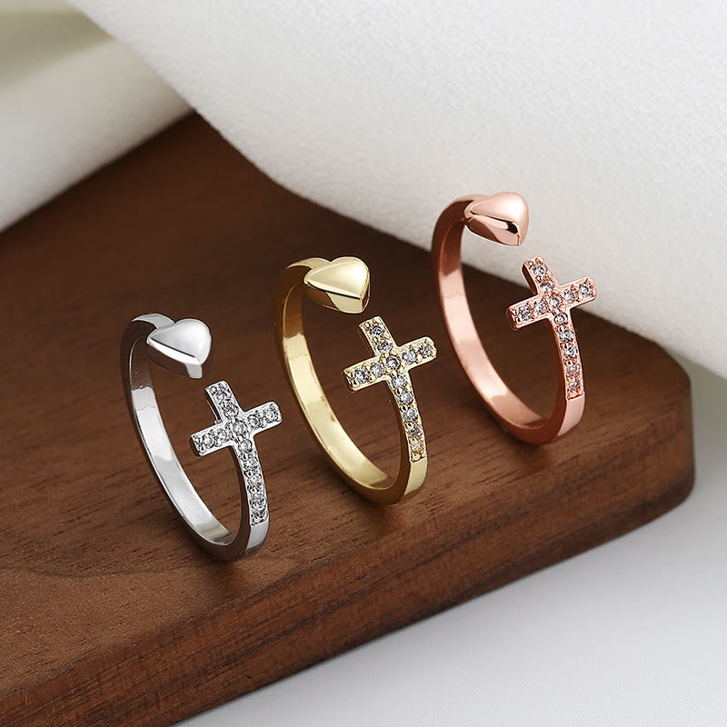 Christianartworkshop 3 Color Heart & Cross Symbol Blessed Minimalist Adjustable Ring - image 2