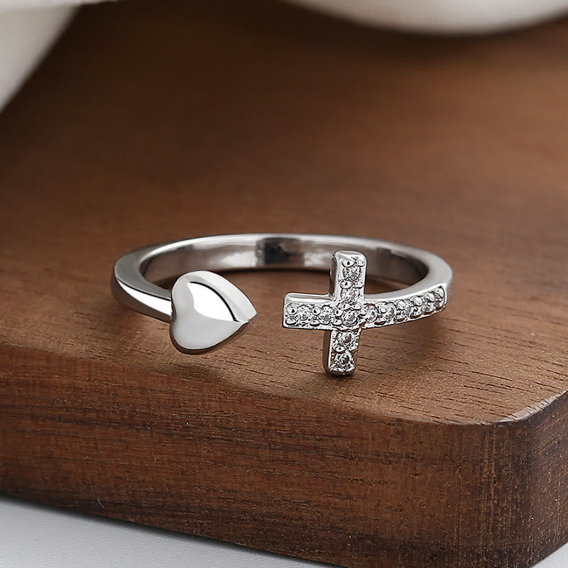 Christianartworkshop 3 Color Heart & Cross Symbol Blessed Minimalist Adjustable Ring - Silver - image 1