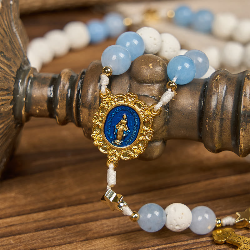 Christianartworkshop Starry Divine Handmade Rosary: Blue Agate Beads and Celestial Golden Accents - image 4