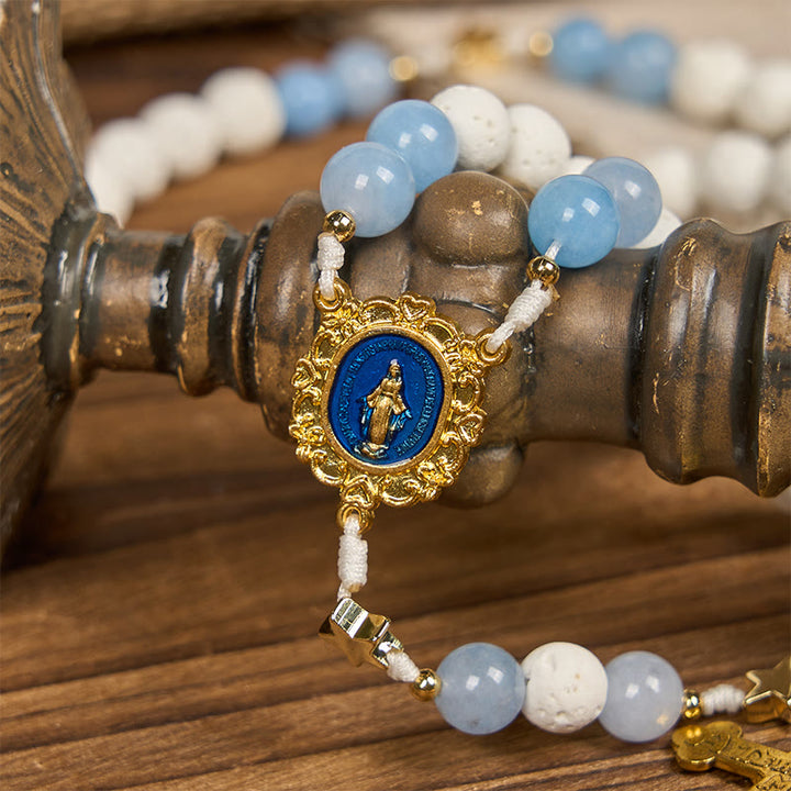 Christianartworkshop Starry Divine Handmade Rosary: Blue Agate Beads and Celestial Golden Accents - image 4