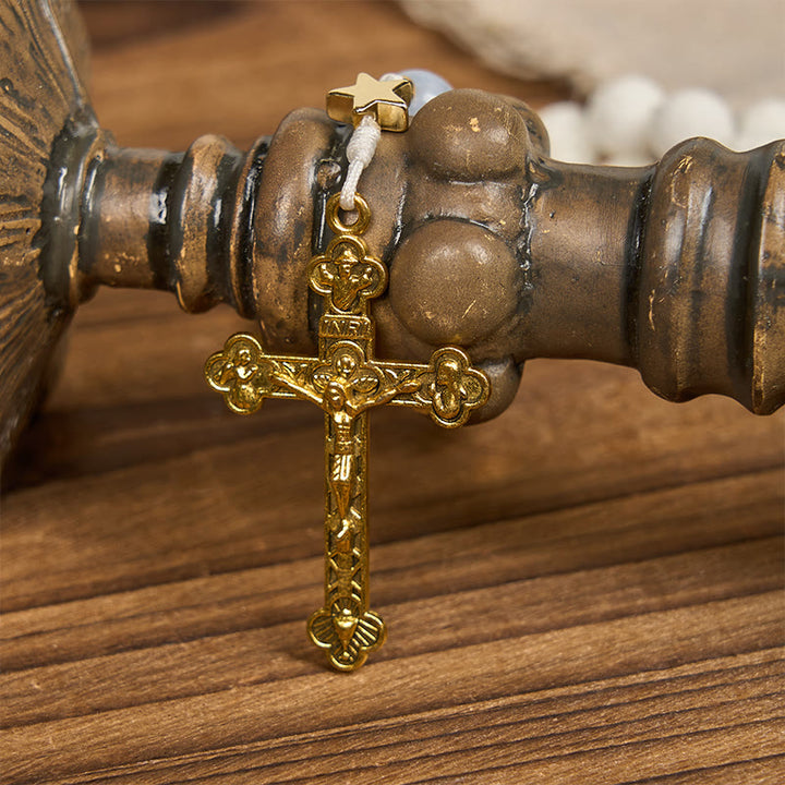 Christianartworkshop Starry Divine Handmade Rosary: Blue Agate Beads and Celestial Golden Accents - image 5