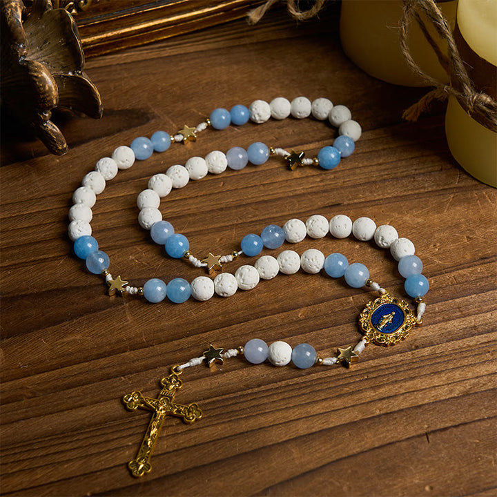 Christianartworkshop Starry Divine Handmade Rosary: Blue Agate Beads and Celestial Golden Accents - image 3