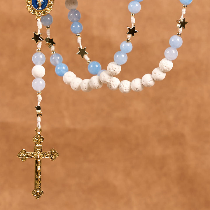 Christianartworkshop Starry Divine Handmade Rosary: Blue Agate Beads and Celestial Golden Accents - image 7