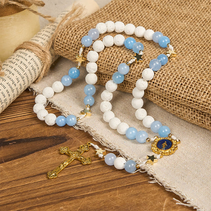Christianartworkshop Starry Divine Handmade Rosary: Blue Agate Beads and Celestial Golden Accents - image 8