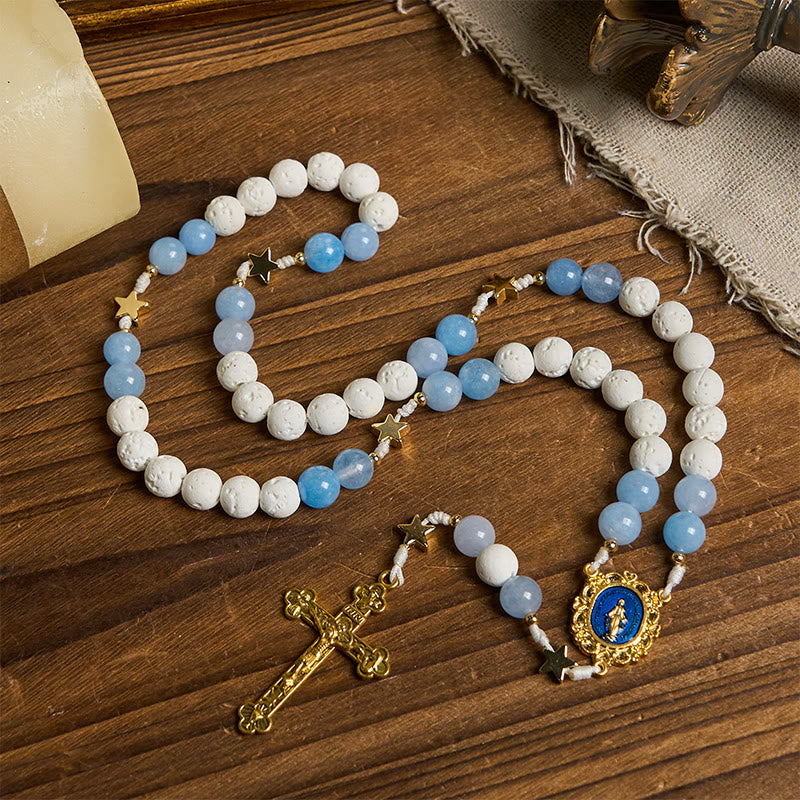 Christianartworkshop Starry Divine Handmade Rosary: Blue Agate Beads and Celestial Golden Accents - Starry Divine Handmade Rosary - image 1