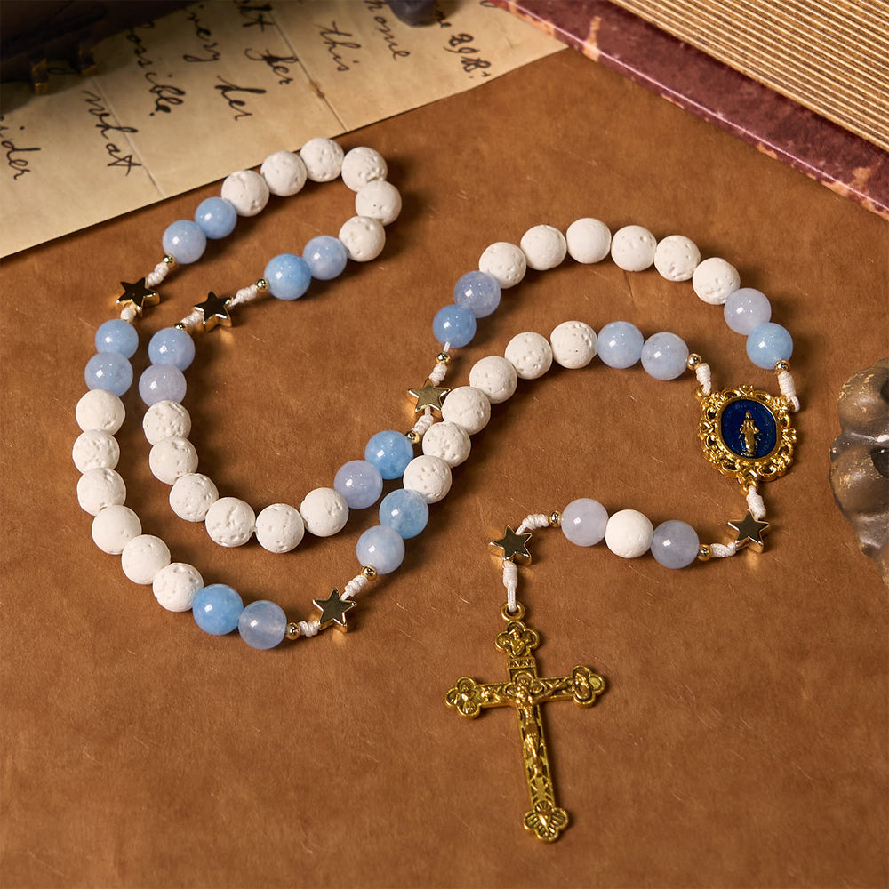 Christianartworkshop Starry Divine Handmade Rosary: Blue Agate Beads and Celestial Golden Accents - image 2