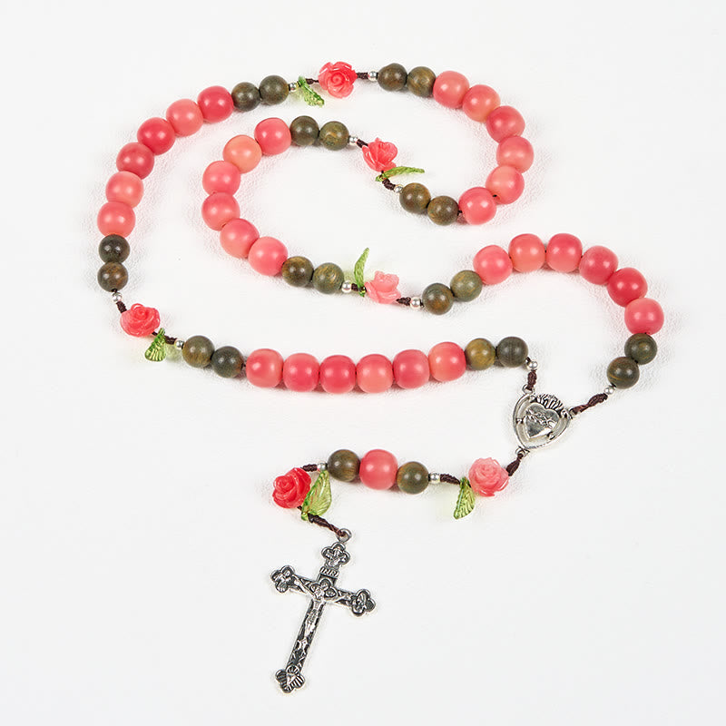 Christianartworkshop Handmade Floral Rosary with Green Sandalwood & Peachy-Pink Bodhi Seed Beads – A Floral Tribute to the Sacred Heart - image 9