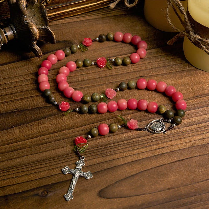 Christianartworkshop Handmade Floral Rosary with Green Sandalwood & Peachy-Pink Bodhi Seed Beads – A Floral Tribute to the Sacred Heart - Floral Rosary - image 1