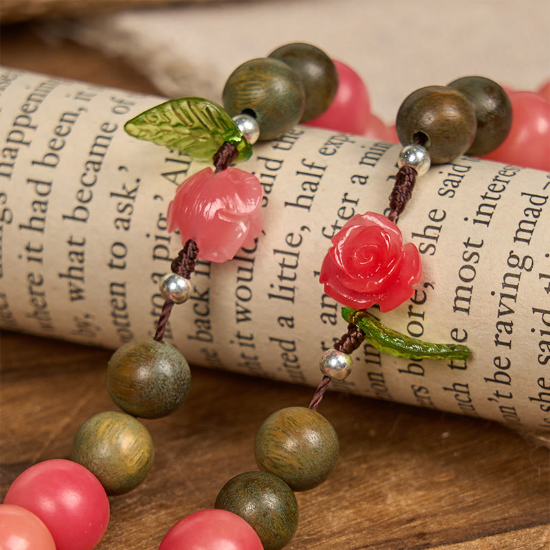 Christianartworkshop Handmade Floral Rosary with Green Sandalwood & Peachy-Pink Bodhi Seed Beads – A Floral Tribute to the Sacred Heart - image 6