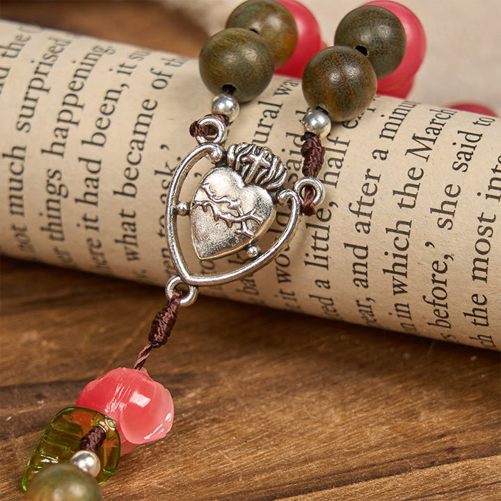 Christianartworkshop Handmade Floral Rosary with Green Sandalwood & Peachy-Pink Bodhi Seed Beads – A Floral Tribute to the Sacred Heart - image 5