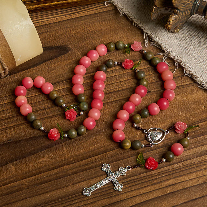 Christianartworkshop Handmade Floral Rosary with Green Sandalwood & Peachy-Pink Bodhi Seed Beads – A Floral Tribute to the Sacred Heart - image 3