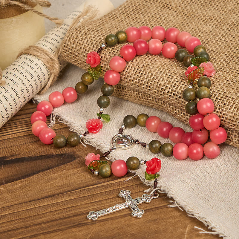 Christianartworkshop Handmade Floral Rosary with Green Sandalwood & Peachy-Pink Bodhi Seed Beads – A Floral Tribute to the Sacred Heart - image 4