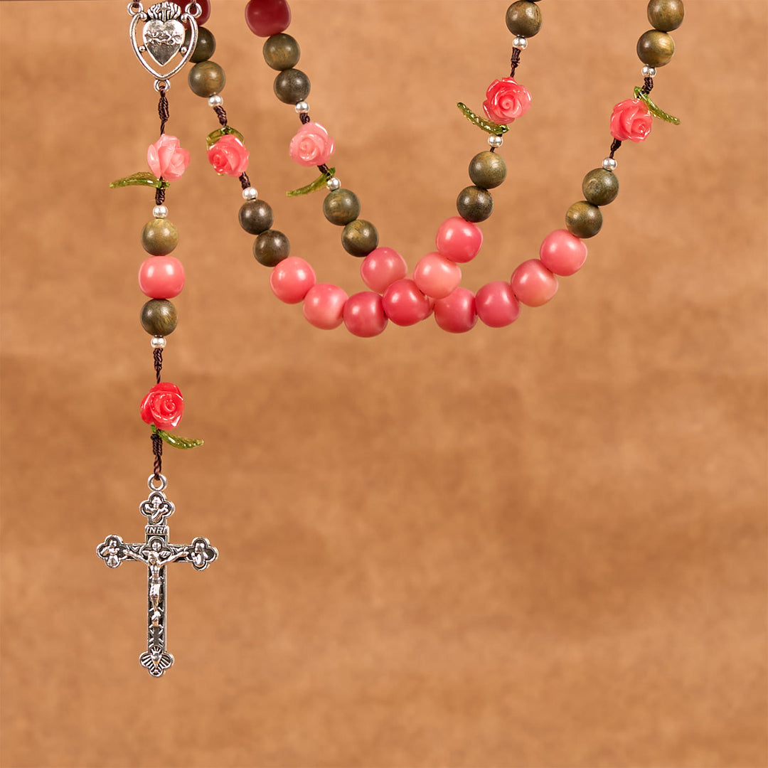 Christianartworkshop Handmade Floral Rosary with Green Sandalwood & Peachy-Pink Bodhi Seed Beads – A Floral Tribute to the Sacred Heart - image 8