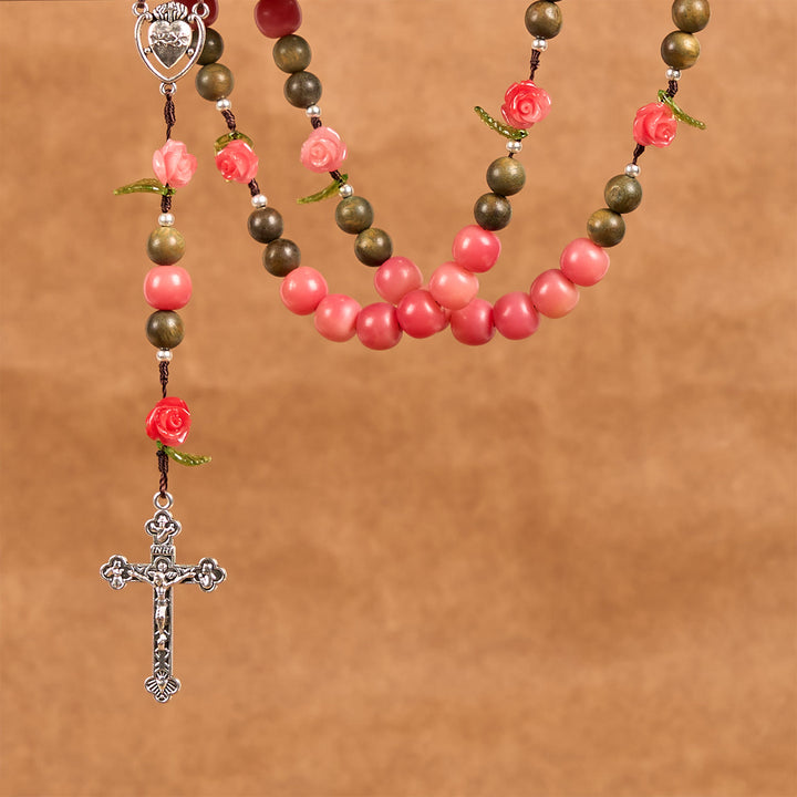 Christianartworkshop Handmade Floral Rosary with Green Sandalwood & Peachy-Pink Bodhi Seed Beads – A Floral Tribute to the Sacred Heart - image 8