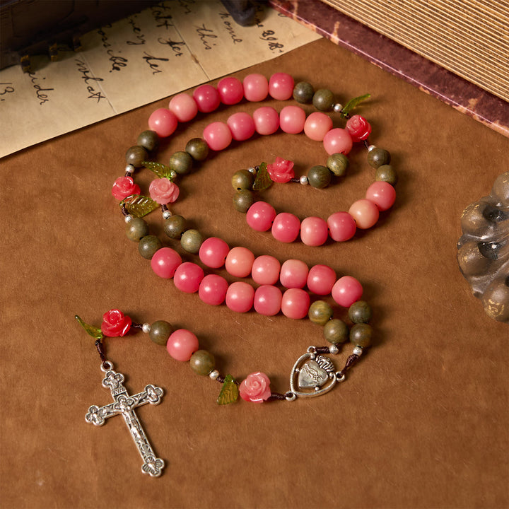 Christianartworkshop Handmade Floral Rosary with Green Sandalwood & Peachy-Pink Bodhi Seed Beads – A Floral Tribute to the Sacred Heart - image 2