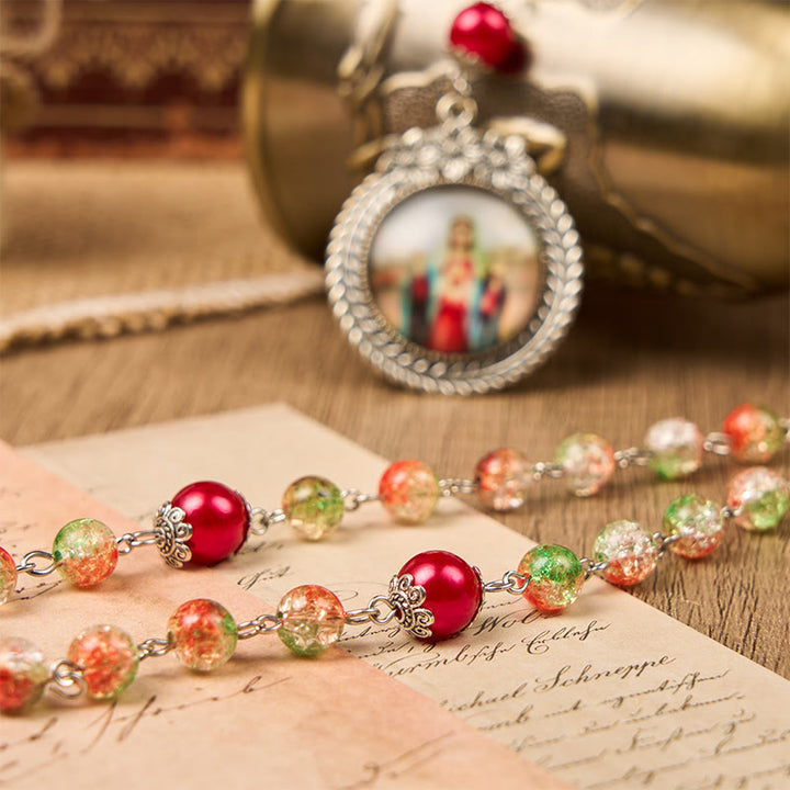Christianartworkshop Jesus Heart & Marry Medal of 8mm Orange-green Glass Round Beads Rosary - image 7