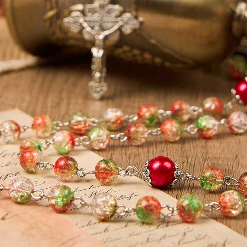 Christianartworkshop Jesus Heart & Marry Medal of 8mm Orange-green Glass Round Beads Rosary - image 8