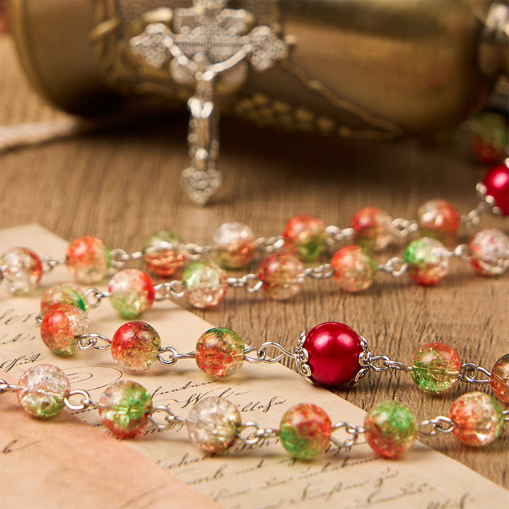 Christianartworkshop Jesus Heart & Marry Medal of 8mm Orange-green Glass Round Beads Rosary - image 8