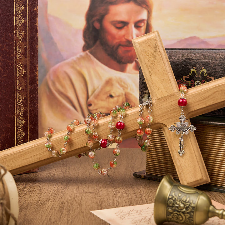 Christianartworkshop Jesus Heart & Marry Medal of 8mm Orange-green Glass Round Beads Rosary - image 5