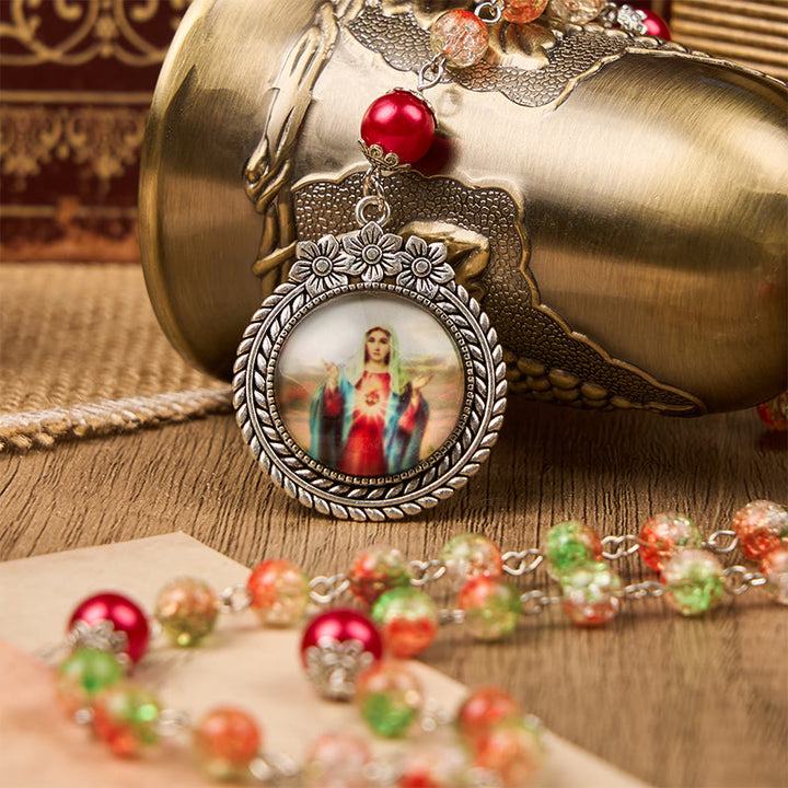 Christianartworkshop Jesus Heart & Marry Medal of 8mm Orange-green Glass Round Beads Rosary - Holy Medal - image 1