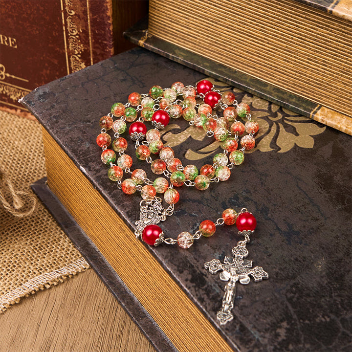 Christianartworkshop Jesus Heart & Marry Medal of 8mm Orange-green Glass Round Beads Rosary - image 10