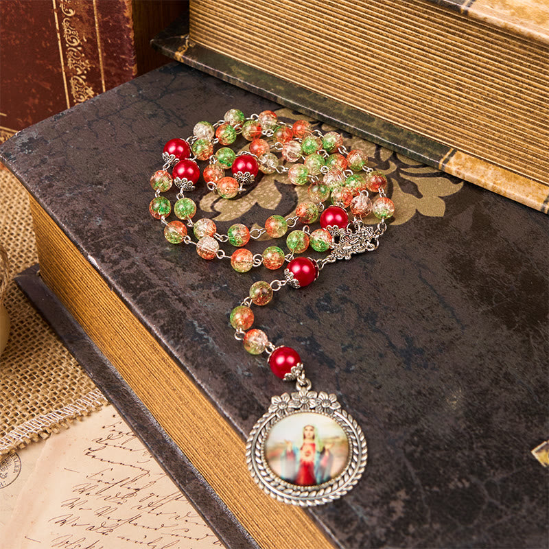 Christianartworkshop Jesus Heart & Marry Medal of 8mm Orange-green Glass Round Beads Rosary - image 9