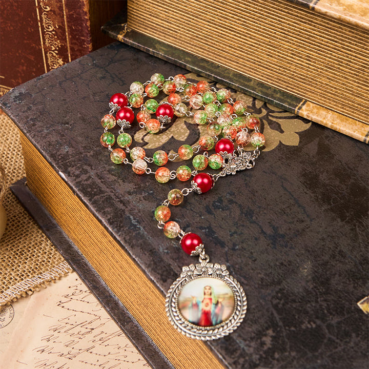 Christianartworkshop Jesus Heart & Marry Medal of 8mm Orange-green Glass Round Beads Rosary - image 9