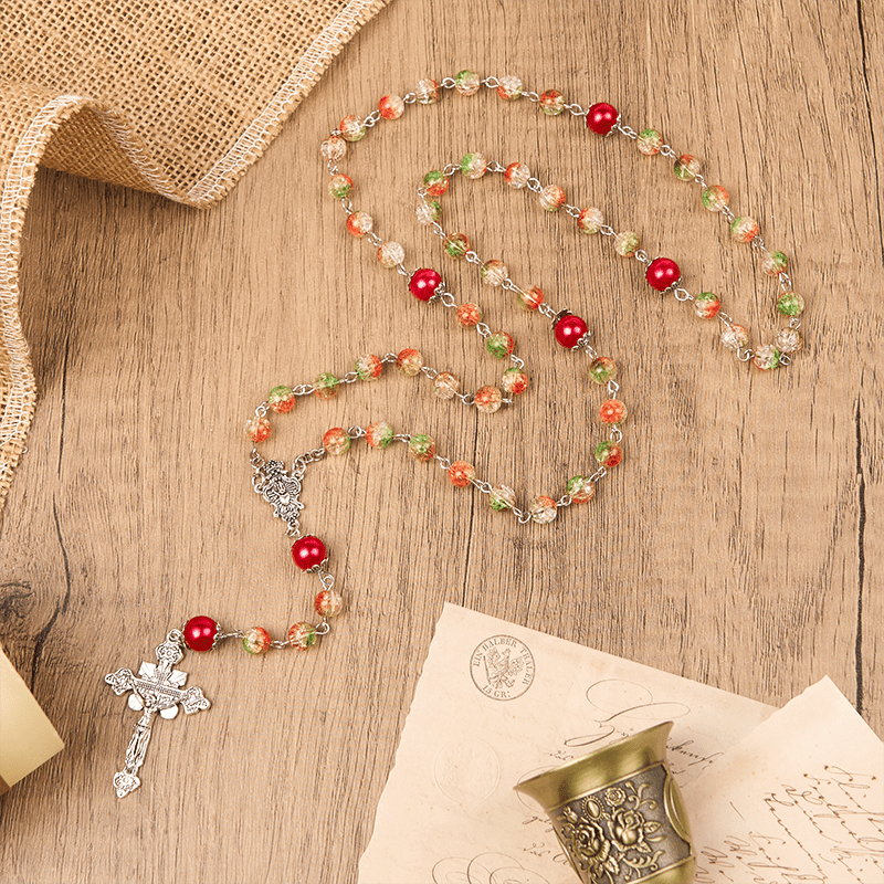 Christianartworkshop Jesus Heart & Marry Medal of 8mm Orange-green Glass Round Beads Rosary - Crucifix - image 2
