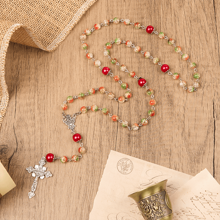 Christianartworkshop Jesus Heart & Marry Medal of 8mm Orange-green Glass Round Beads Rosary - Crucifix - image 2