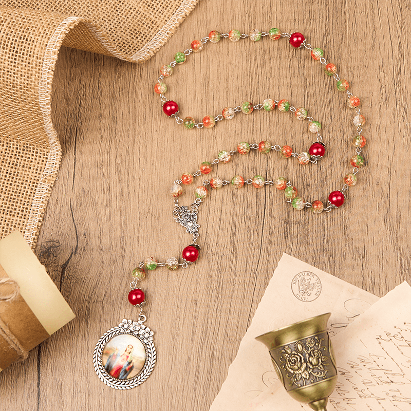 Christianartworkshop Jesus Heart & Marry Medal of 8mm Orange-green Glass Round Beads Rosary - image 3