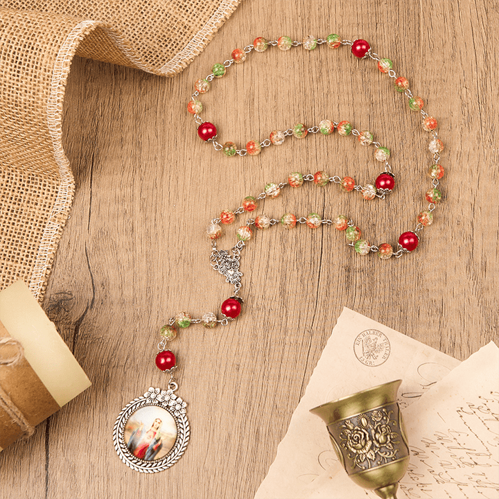 Christianartworkshop Jesus Heart & Marry Medal of 8mm Orange-green Glass Round Beads Rosary - image 3
