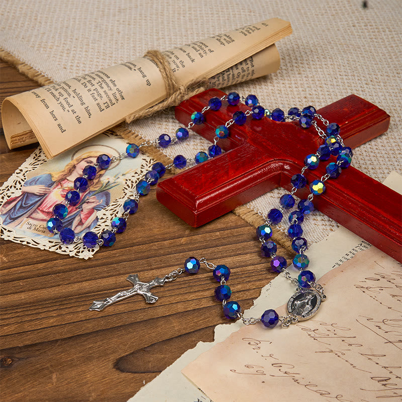 Christianartworkshop Miraculous Medal & Crucifix of 8mm Blue Sparkle Glass Round Beads Rosary - image 7