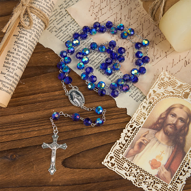 Christianartworkshop Miraculous Medal & Crucifix of 8mm Blue Sparkle Glass Round Beads Rosary - image 3