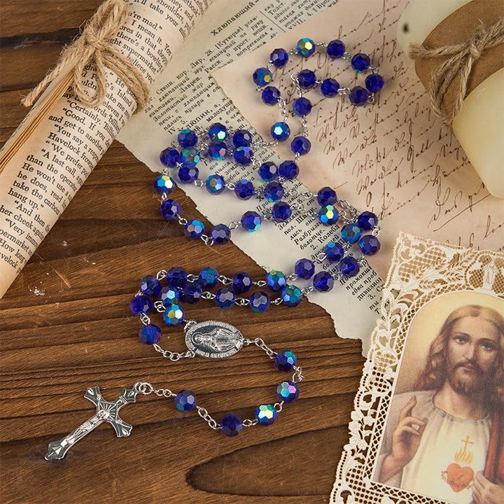 Christianartworkshop Miraculous Medal & Crucifix of 8mm Blue Sparkle Glass Round Beads Rosary - Miraculous Medal & Crucifix - image 1