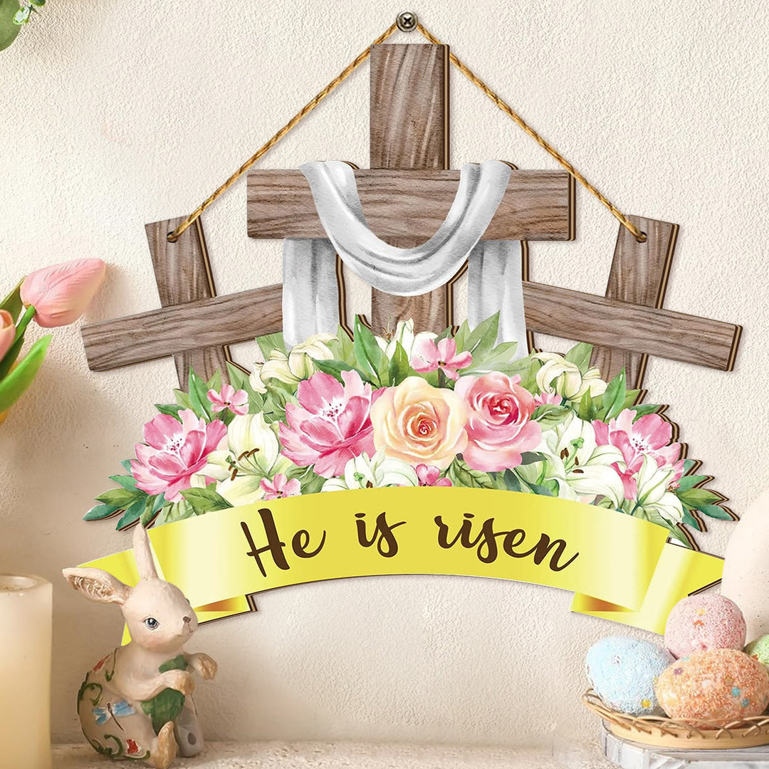Christianartworkshop "He Is Risen" Inspirational Wooden Easter Hanging Decor Ornament - "He is risen" - image 1