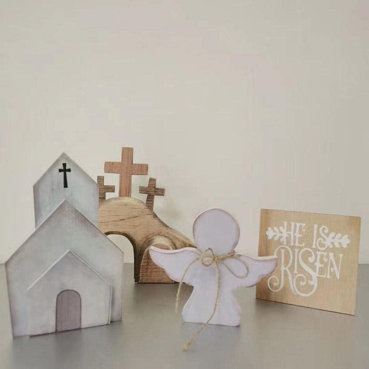 Christianartworkshop 4pcs/set Jesus Tomb-Easter Cross Wooden Easter Dekstop Decor Ornament - 4pcs/set - image 1